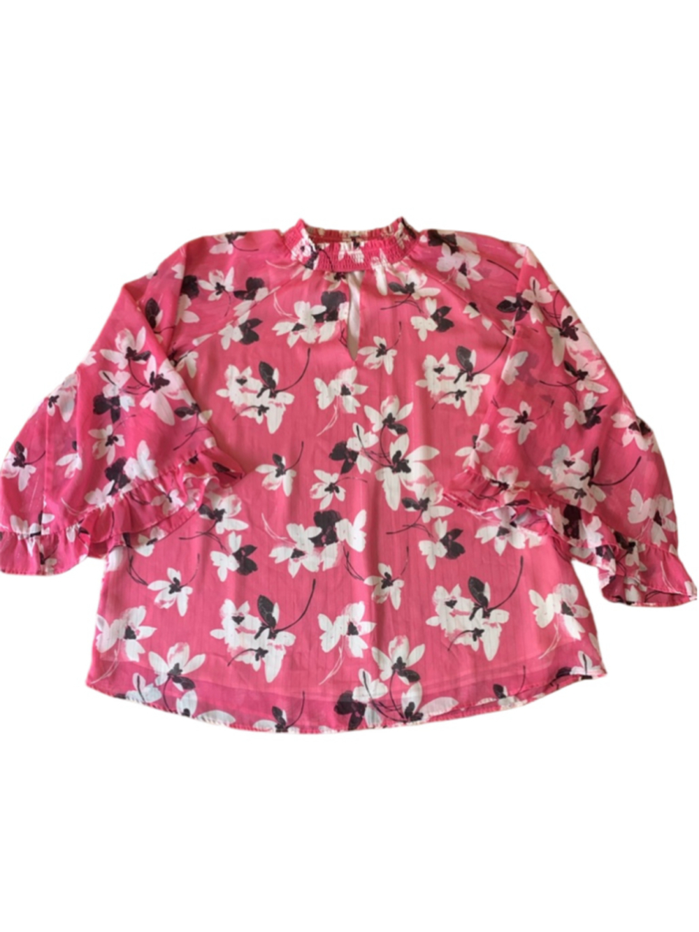 Cato Top Large Fuchsia with Black White Floral Ruffle Sleeves